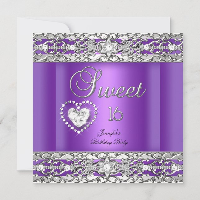 Invitación Dulce Dieciséis Diamante Fiesta Plata Púrpura (Anverso)
