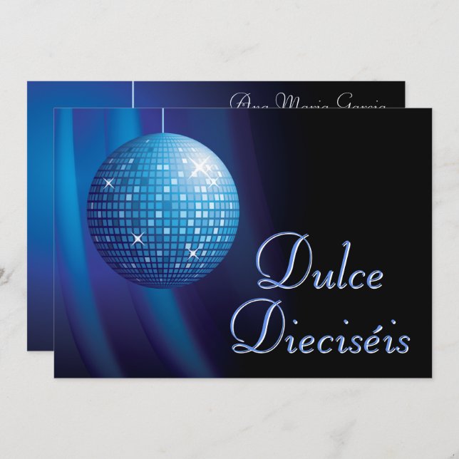 Invitación Dulce Dieciséis Disco Ball Azul Fiesta  (Anverso / Reverso)