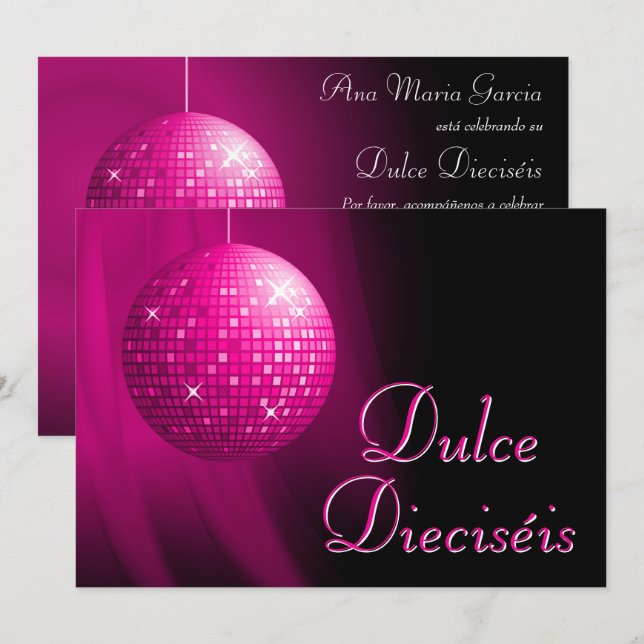 Invitación Dulce Dieciséis Disco Ball Rosa Fiesta  (Anverso / Reverso)