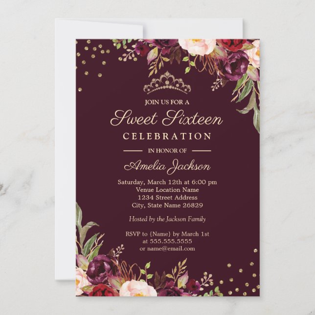 Invitación Dulce Dieciséis Dorado Borgoña floral Sparkle (Anverso)