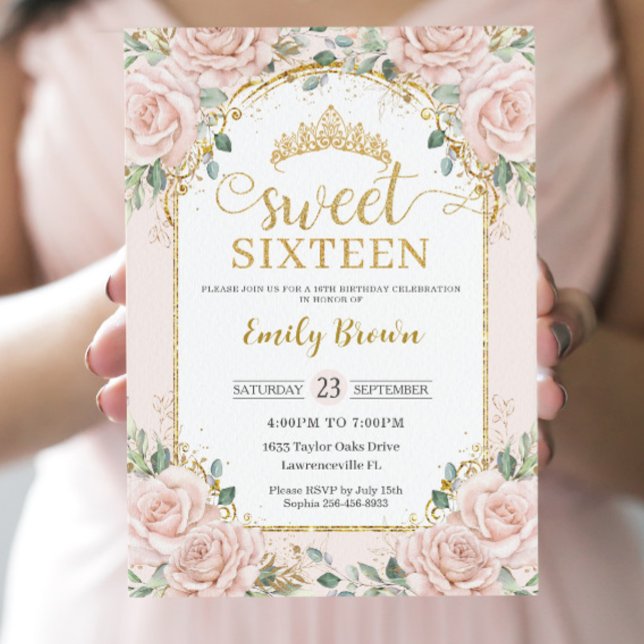 Invitación Dulce Dieciséis Dorado Floral Rosa Rubor 16º cumpl (Subido por el creador)