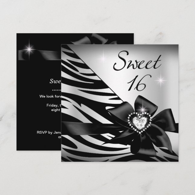 Invitación Dulce Dieciséis Dulce 16 Cebra Plata Negro (Anverso / Reverso)