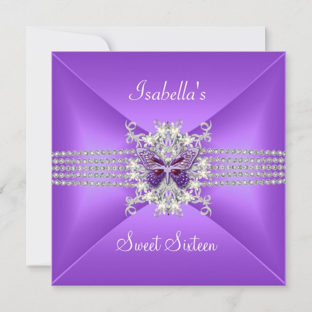 Invitación Dulce Dieciséis Dulce 16 Mariposa Lilac Pearl (Anverso)