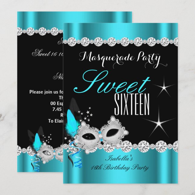 Invitación Dulce Dieciséis Dulce 16 Máscara Verde azulada Mas (Anverso / Reverso)