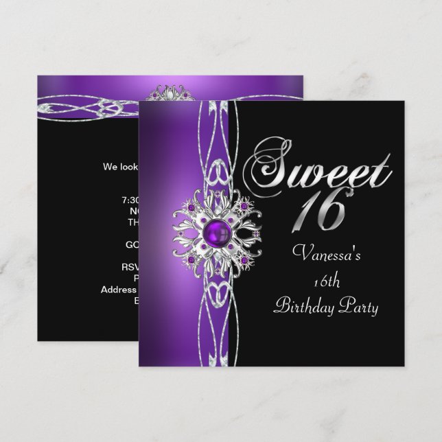 Invitación Dulce Dieciséis Dulce 16 Plata Púrpura Negro (Anverso / Reverso)