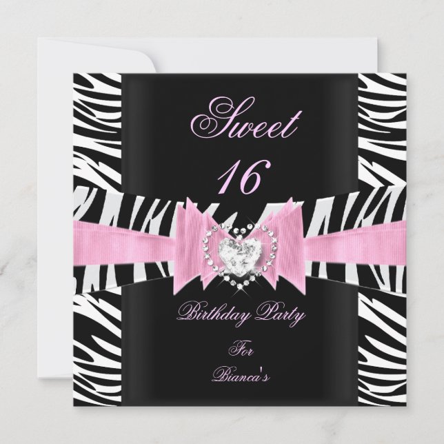 Invitación Dulce Dieciséis Dulces 16 Cebra Blanca Rosa (Anverso)