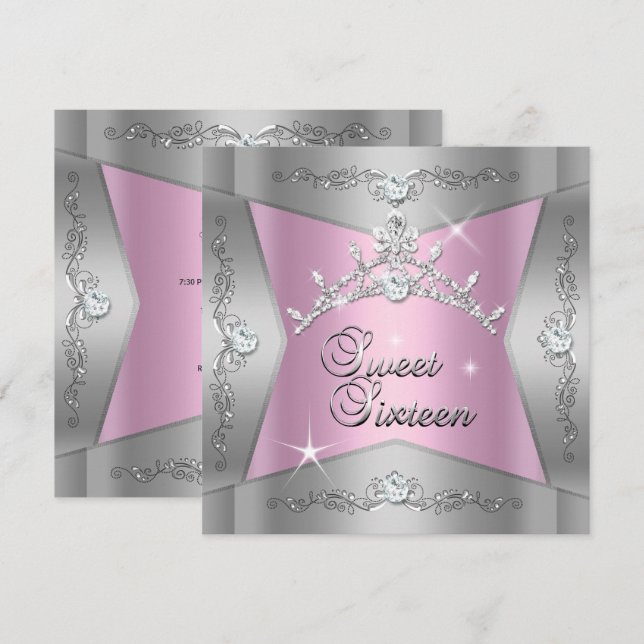 Invitación Dulce Dieciséis Dulces 16 Plata Rosa Tiara (Anverso / Reverso)