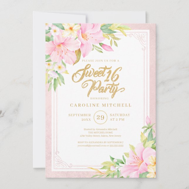 Invitación Dulce Dieciséis Elegante Floral acuarela Rubor Ros (Anverso)