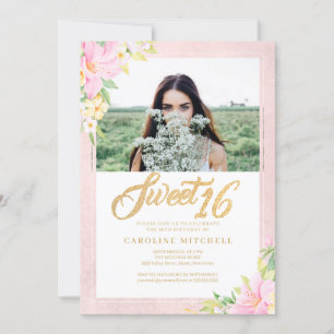 Invitación Dulce Dieciséis Elegantes Florales Rubor Foto Rosa
