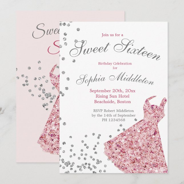 Invitación Dulce Dieciséis Esparkle Rosa Elegante Cumpleaños  (Anverso / Reverso)
