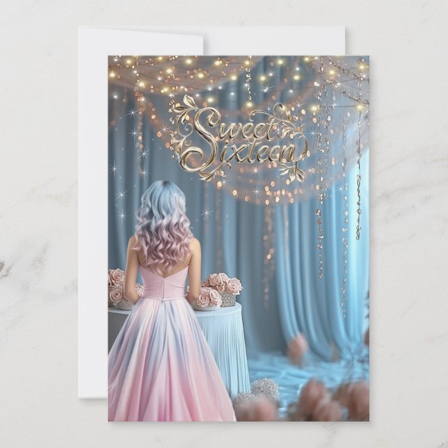 Invitación Dulce Dieciséis Esparkles Flores Chica Pelo Rosa A (Anverso)