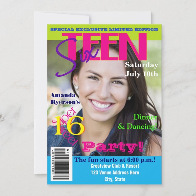 Invitación Dulce Dieciséis| Estilo de portada de revista| Fot (Anverso)