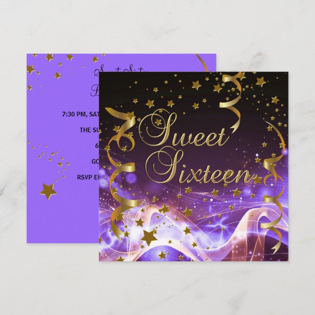 Invitación Dulce Dieciséis Estrellas de Oro Morado Fiesta de  (Anverso / Reverso)