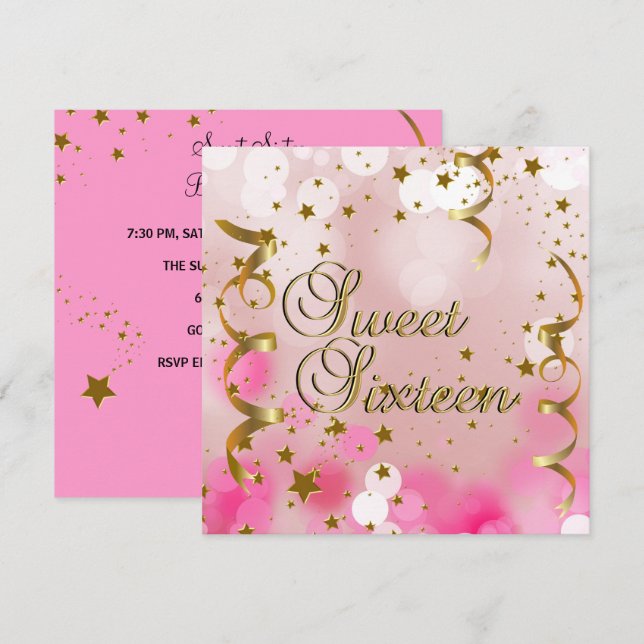 Invitación Dulce Dieciséis Estrellas de Oro Rosadas de fiesta (Anverso / Reverso)