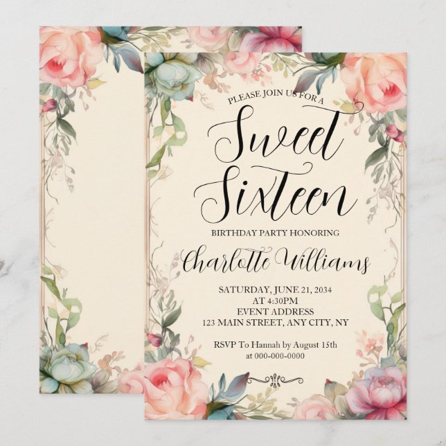 Invitación Dulce Dieciséis Fairytale Floral 16º Cumpleaños (Anverso / Reverso)