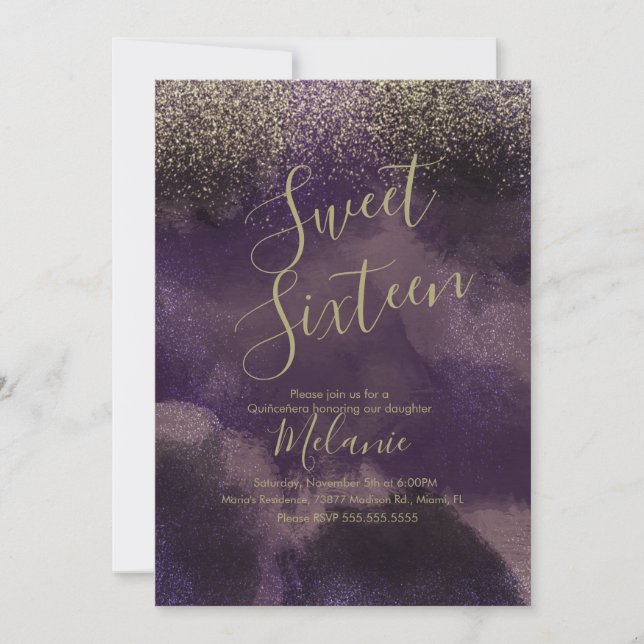 Invitación Dulce Dieciséis Faux Purpurina Purple Gold Cumplea (Anverso)