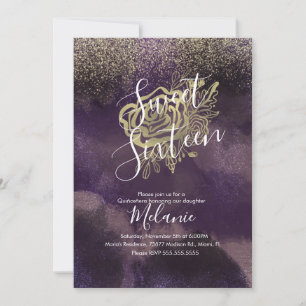 Invitación Dulce Dieciséis Faux Purpurina Purple Gold Rosa