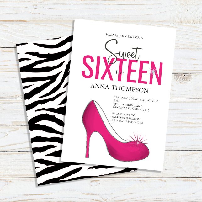 Invitación Dulce Dieciséis Fiesta de cumpleaños de zapatos ro (Sweet 16 custom invitations with pink-colored high-heeled shoes. )