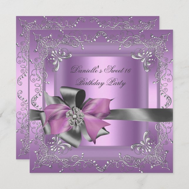 Invitación Dulce Dieciséis Fiesta de Cumpleaños Lilac Plata R (Anverso / Reverso)