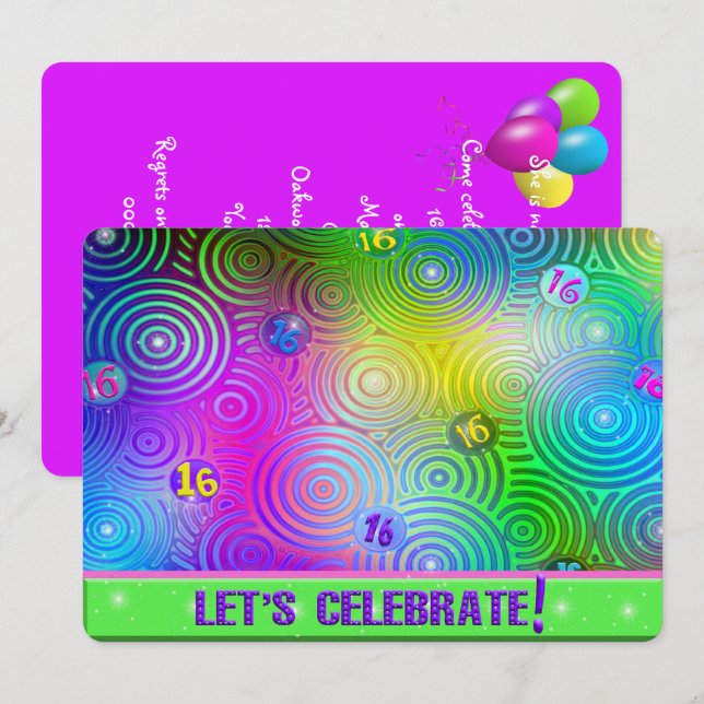 Invitación Dulce Dieciséis Fiesta de Cumpleaños Neón (Anverso / Reverso)