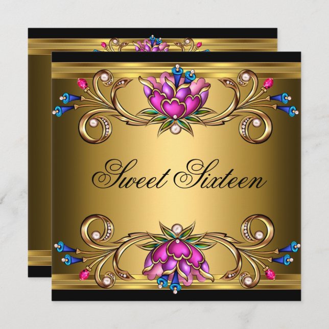 Invitación Dulce Dieciséis Fiesta de Cumpleaños Oro Negro Ros (Anverso / Reverso)