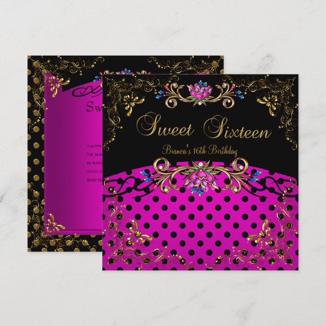 Invitación Dulce Dieciséis Fiesta de Cumpleaños Oro Negro Ros (Anverso / Reverso)