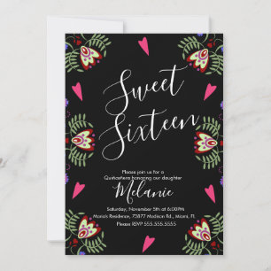 Invitación Dulce Dieciséis Fiesta Mexicana Corazón Floral Neg