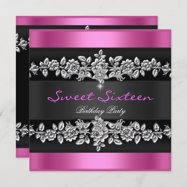 Invitación Dulce Dieciséis Fiestas Blanco Plata Negro Rosa (Anverso / Reverso)