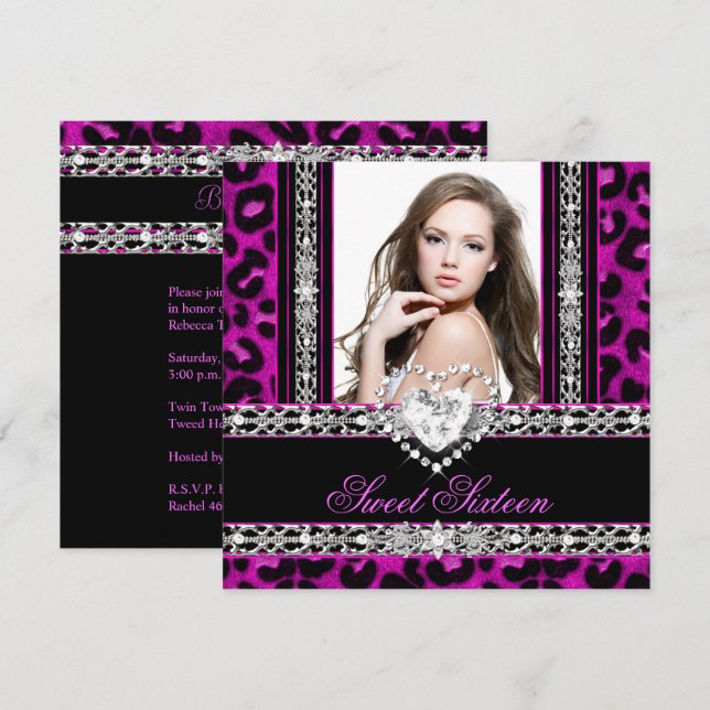 Invitación Dulce Dieciséis Fiestas de Diamante de Leopardo Ro (Anverso / Reverso)
