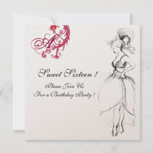 Invitación DULCE DIECISÉIS FIESTAS MONOGRAM, rojo negro y oro