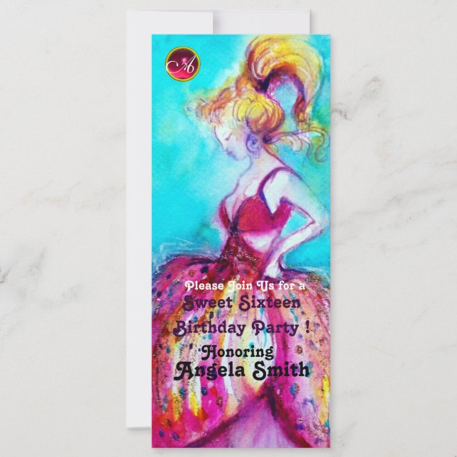 Invitación DULCE DIECISÉIS FIESTAS MONOGRAM rubí rojo azul ne (Anverso)