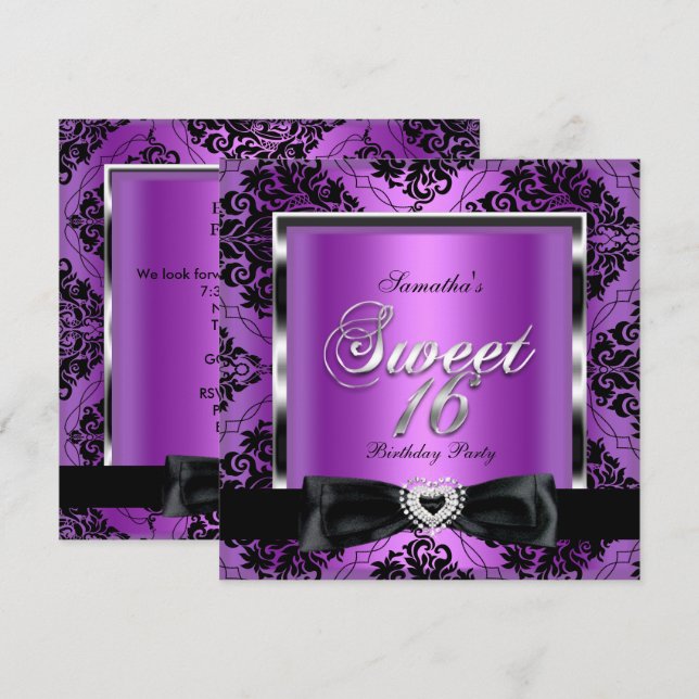 Invitación Dulce Dieciséis Fiestas Morado Damasco Plata Negro (Anverso / Reverso)