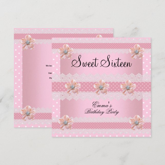 Invitación Dulce Dieciséis Fiestas Punto Blanco Rosa Floral (Anverso / Reverso)