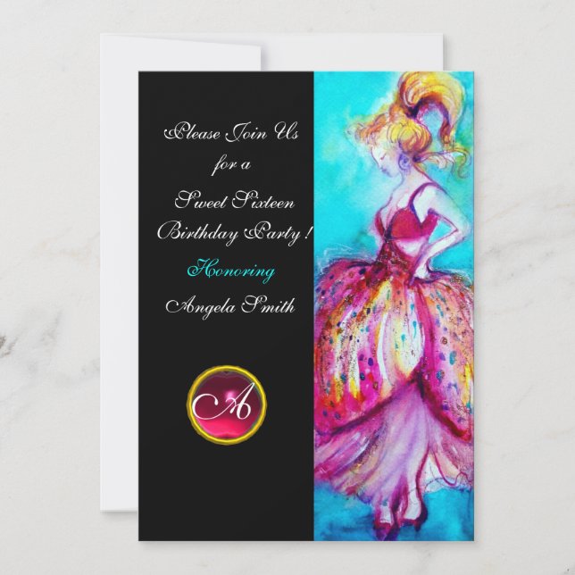Invitación DULCE DIECISÉIS FIESTAS, rojo rosado rubí monogram (Anverso)