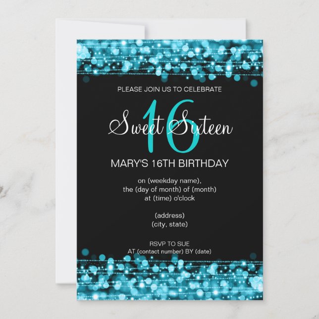 Invitación Dulce Dieciséis Fiestas Sparkles Azul Verde azulad (Anverso)