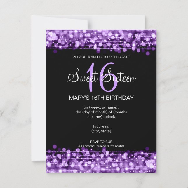 Invitación Dulce Dieciséis Fiestas Sparkles Purple (Anverso)