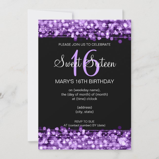 Invitación Dulce Dieciséis Fiestas Sparkles Purple (Anverso)