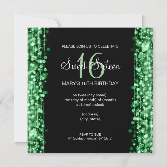 Invitación Dulce Dieciséis Fiestas Sparkles Verde (Anverso)