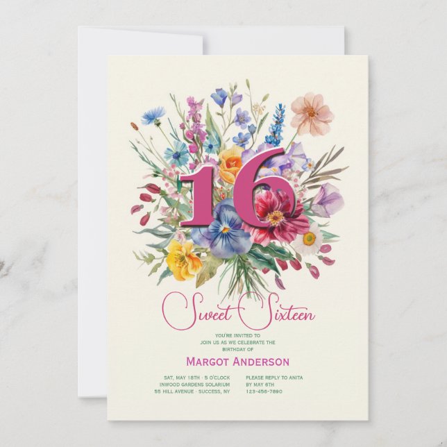 Invitación Dulce Dieciséis Floral (Anverso)