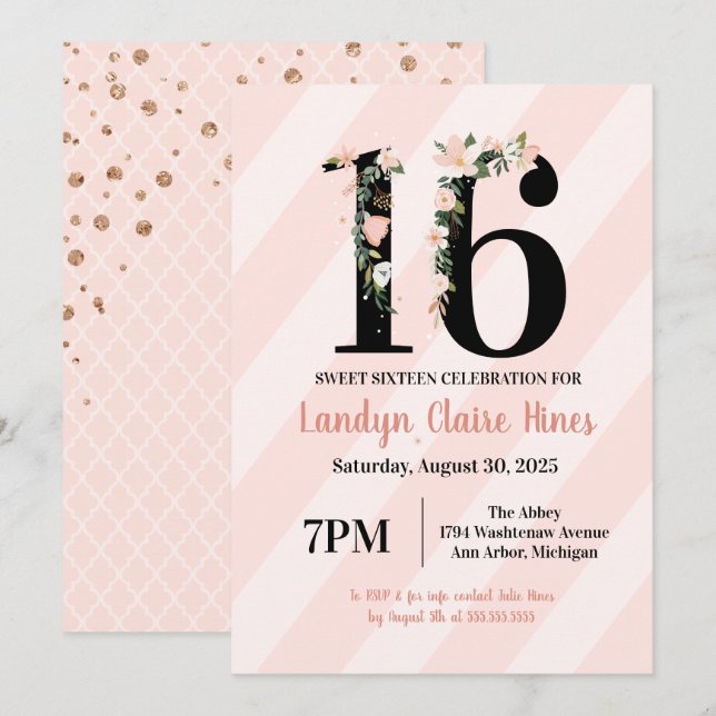 Invitación Dulce Dieciséis Floral 16 Cumpleaños Rosa y Rubor (Anverso / Reverso)