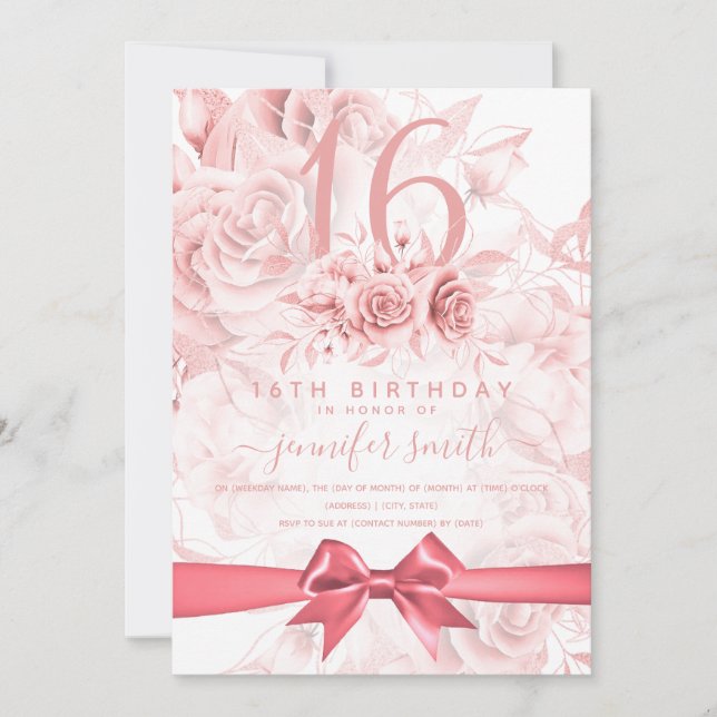 Invitación Dulce Dieciséis Floral Girly Rosa Oro y Rubor Rosa (Anverso)
