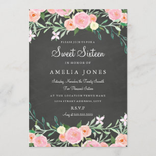 Invitación Dulce Dieciséis Flores Chalkboard Invite Rosa