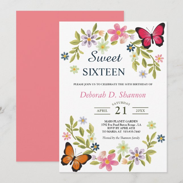 Invitación Dulce Dieciséis flores naturales y mariposas (Anverso / Reverso)