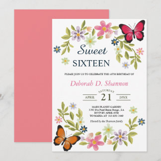 Invitación Dulce Dieciséis flores naturales y mariposas