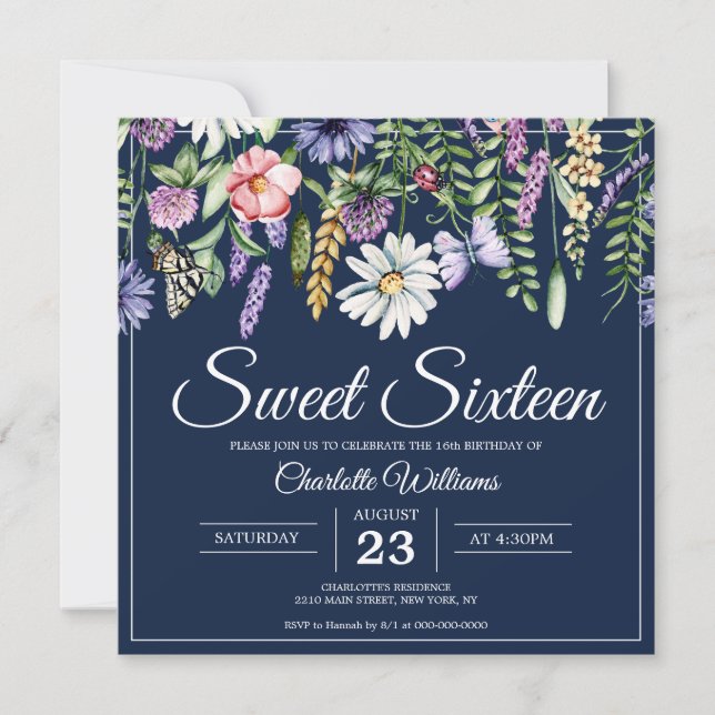 Invitación Dulce Dieciséis Flores Silvestres Elegantes 16º cu (Anverso)
