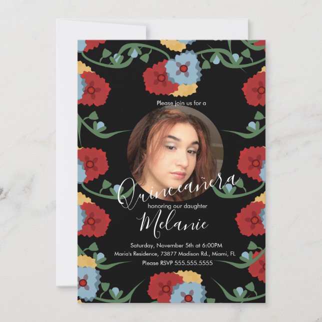 Invitación Dulce Dieciséis Fotografía Floral De Fiesta Mexica (Anverso)