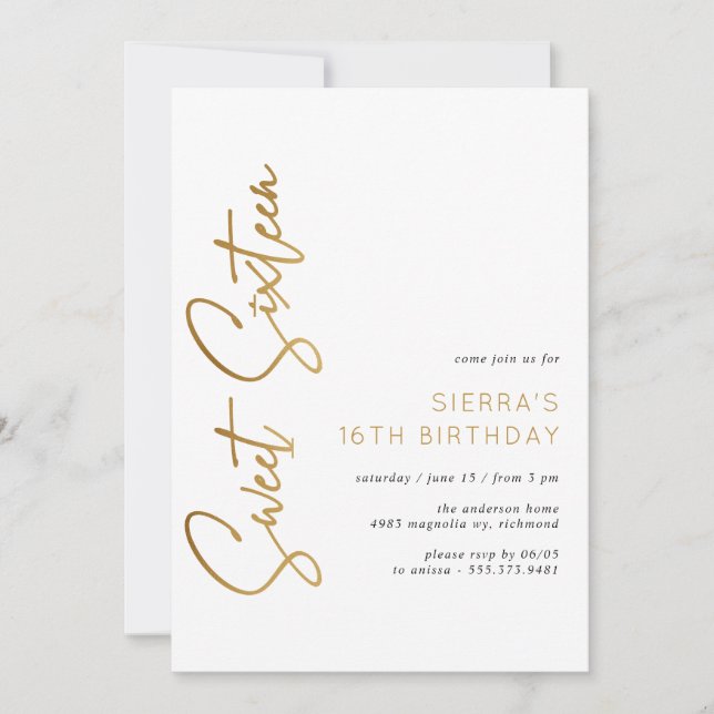 Invitación Dulce Dieciséis guiones blancos y dorados 16º cump (Anverso)