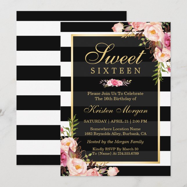 Invitación Dulce Dieciséis Hermosas Rayas Blancas Florales Ne (Anverso / Reverso)