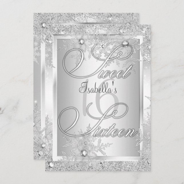 Invitación Dulce Dieciséis Invierno De Snowflake 16 Wonderlan (Anverso / Reverso)