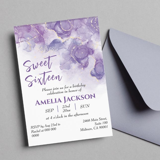 Invitación Dulce Dieciséis lavanda y púrpura floral cumpleaño (Subido por el creador)